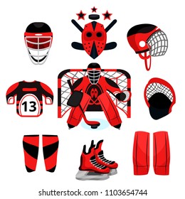 Hockey player set. Modern flat cartoons style vector illustration icons. Isolated on white. Hockey. Hockey equipment. Sport accessories: protection, goalkeeper,skates,knee pads,helmet,mask, logo