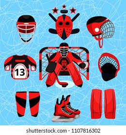 Hockey player set. Modern flat cartoons style vector illustrations. Isolated on ice, blue. Sport accessories: protection, goalkeeper, skates, kneepads, helmet, mask, logo