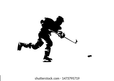 Hockey player shooting puck, ink drawing. Isolated vector silhouette. Ice hockey