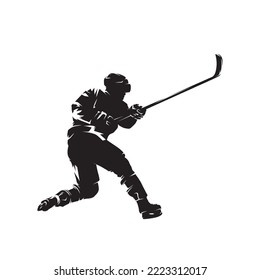 Hockey player shooting puck  isolated vector silhouette  ink drawing  Side view  Ice hockey winter team sport