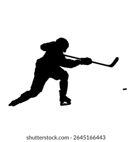 Hockey player shooting puck, isolated vector silhouette. Winter team sport athlete
