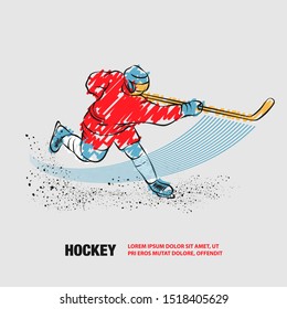 Hockey player shoots the puck with a hockey stick. Vector outline of hockey player with scribble doodles.