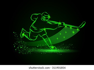 Hockey player shoots the puck with a hockey stick. Neon sport background.