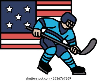 A hockey player is shown in front of the American flag. Concept of patriotism and pride in the sport of hockey