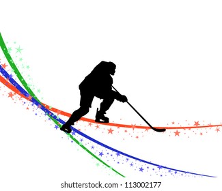 Hockey player silhouette with line background. Vector illustration.