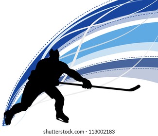 Hockey player silhouette with line background. Vector illustration.