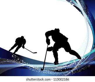 Hockey player silhouette with line background. Vector illustration.