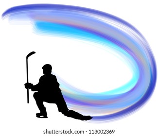 Hockey player silhouette with line background. Vector illustration with transparency EPS 10.