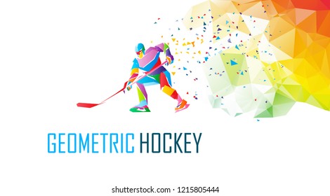 Hockey player silhouette, polygonal vector illustration. Low poly ice hockey skater with puck