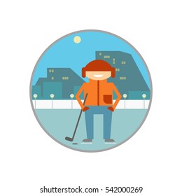 Hockey player skating with the club at the rink. City landscape. Vector illustration