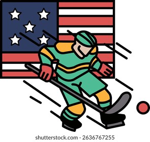 A hockey player is skating on a field with the American flag in the background. Concept of patriotism and pride in the sport of hockey