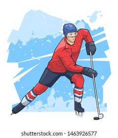 Hockey player skating on ice vector illustration, drawing. Hockey, winter sports themed poster on abstract background