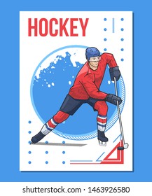 Hockey player skating on ice vector illustration, drawing. Hockey, winter sports themed poster on abstract background