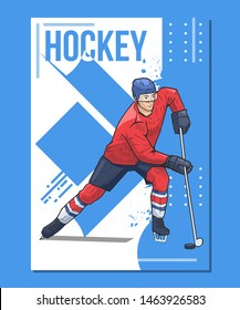 Hockey player skating on ice vector illustration, drawing. Hockey, winter sports themed poster on abstract background