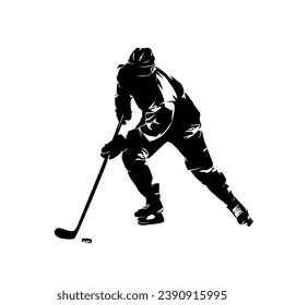 Hockey player skating with puck, isolated vector silhouette. Ice hockey