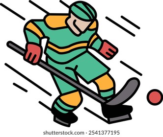 Un jugador de hockey patina con un palo de hockey y una pelota. El jugador lleva un uniforme verde y amarillo