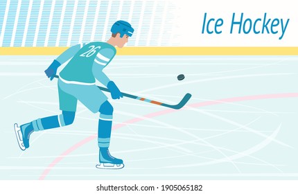 Hockey Player Skating With Stick and Puck. Skater on ice rink shooting for goal. Vector illustration.