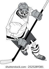 Patinaje del esqueleto del jugador del HOCKEY con el palillo, impresión gráfica de Halloween, etiqueta engomada, ilustración del dibujo de la línea, cráneo, archivo eps10 del Vector, con la capacidad de cambiar colores para los detalles