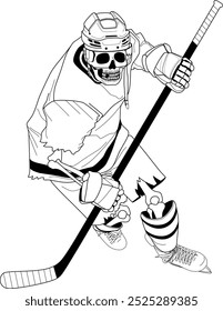 Patinaje del esqueleto del jugador de HOCKEY con el palillo, impresión gráfica de Halloween, etiqueta engomada, ilustración del dibujo de la línea, cráneo, archivo eps10 del Vector, blanco y negro