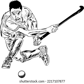 Hockey player sketch drawing  cartoon doodle drawing field hockey player playing penalty corner  isolated outline vector illustration white background hockey player