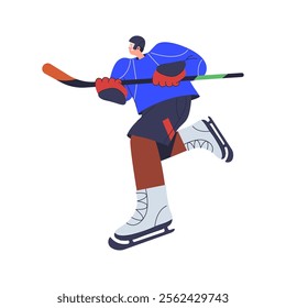 Hockey player skiing on rink with stick, flat cartoon vector illustration. Isolated sportsman with equipment wearing uniform for game. Recreation and professional sports practicing