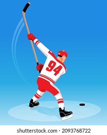 Hockey Player Slap Shot On Goal, Back View. Hockey Player In The Game Hits The Puck. Vector Cartoon Illustration.