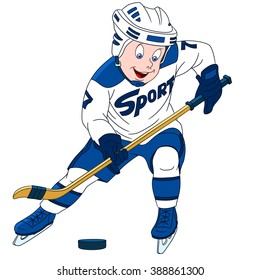 Jugador de hockey.Concepto deportivo. Caricatura aislada en fondo blanco. Diseño colorido para el libro de actividades para niños, página de colorear, foto de colorear. Ilustración vectorial para niños.