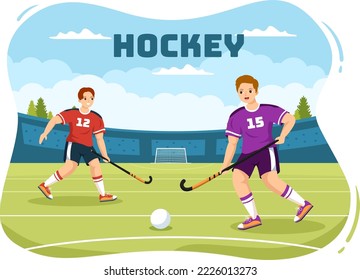 Hockey Player Sport with Helmet, Stick, Puck and Skates on Green Field for Game or Championship in Flat Cartoon Hand Drawn Templates Illustration