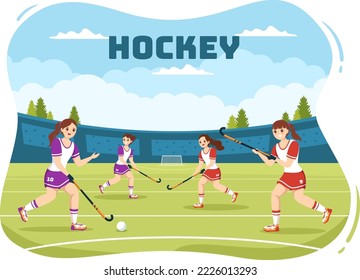 Hockey Player Sport with Helmet, Stick, Puck and Skates on Green Field for Game or Championship in Flat Cartoon Hand Drawn Templates Illustration