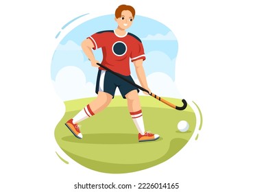 Hockey Player Sport with Helmet, Stick, Puck and Skates on Green Field for Game or Championship in Flat Cartoon Hand Drawn Templates Illustration