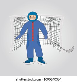 A hockey player stands on the gate with a stick. Hand-drawing style. Vector illustration.
