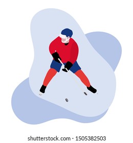 Hockey player with hockey stick, ice hockey puck on white background. Winter sports background. Man playing hockey. Tournament, championship, competition. Flat colorful vector illustration.