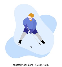 Hockey player with hockey stick, ice hockey puck on white background. Winter sports background. Man playing hockey. Tournament, championship, competition. Flat colorful vector illustration.