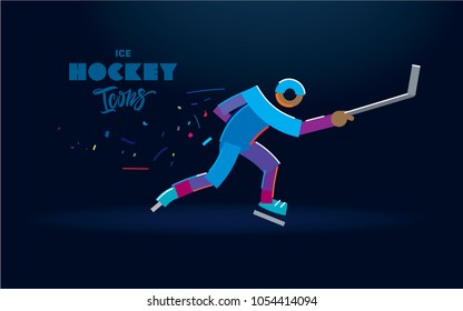 Hockey player with a stick in motion. Vector color line icons