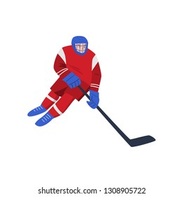 Hockey player with a stick on the ice goes fast and wraps in pursuit