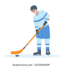 Hockey player with a stick and puck. Winter sport. Snowy winter season outdoor activity. Vector character illustration isolated on white background.