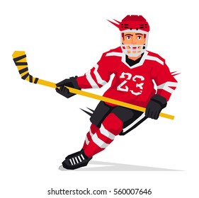 Jugador de hockey con un palo en la forma roja. Ilustración vectorial sobre fondo blanco. Concepto deportivo.