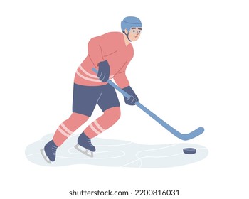 Hockey player with a stick and washer on the rink. Man playing hockey. Winter sport, activity. Sportsman. Flat vector illustration.