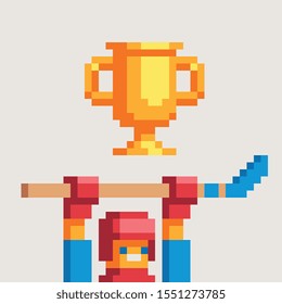 Hockey player with a stick and winning cup. Pixel art. Stickers, logo and app design. Isolated vector illustration.  