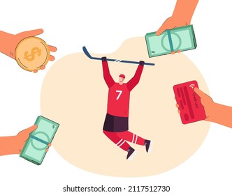 Jugador de hockey rodeado de manos con dinero. Ganador de la competencia obteniendo premios, billetes ilustraciones vectoriales planas. Ocupación, concepto de riqueza para banner, diseño de sitios web o página web de aterrizaje