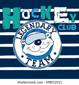 hockey player teddy bear, legendary team with teddy bear, T-shirt design for kids vector illustration