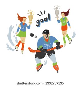Hockey player with two cheerful girls are on white background. Cheerleaders congratulate a winner, they carry him a win Cup. 