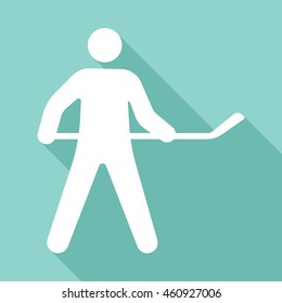 Hockey player vector icon with long shadow. White illustration isolated on green background for graphic and web design.