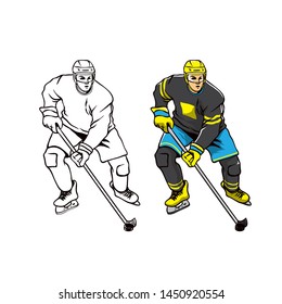 Hockey player vector illustration, colored and outlined illustration.