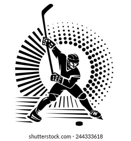 Hockey player. Vector illustration in the engraving style