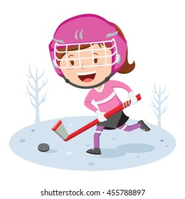 Hockey player. Vector illustration of a little girl playing hockey.