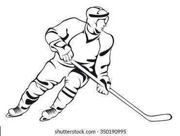 Hockey player. Vector linen silhouette, isolated on white