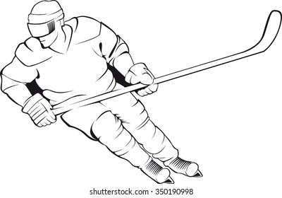 Hockey player. Vector linen silhouette, isolated on white