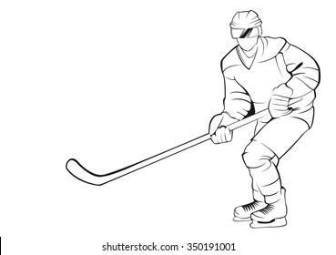 Hockey player. Vector linen silhouette, isolated on white