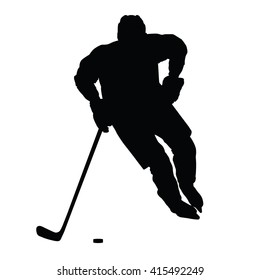 Hockey player vector silhouette, front view, ice hockey winter sport, isolated ice hockey player